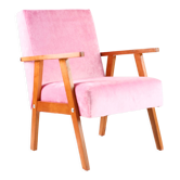 Fauteuil vintage rose velours Pierre Frey bois massif, années 60 / 70, livraison gratuite