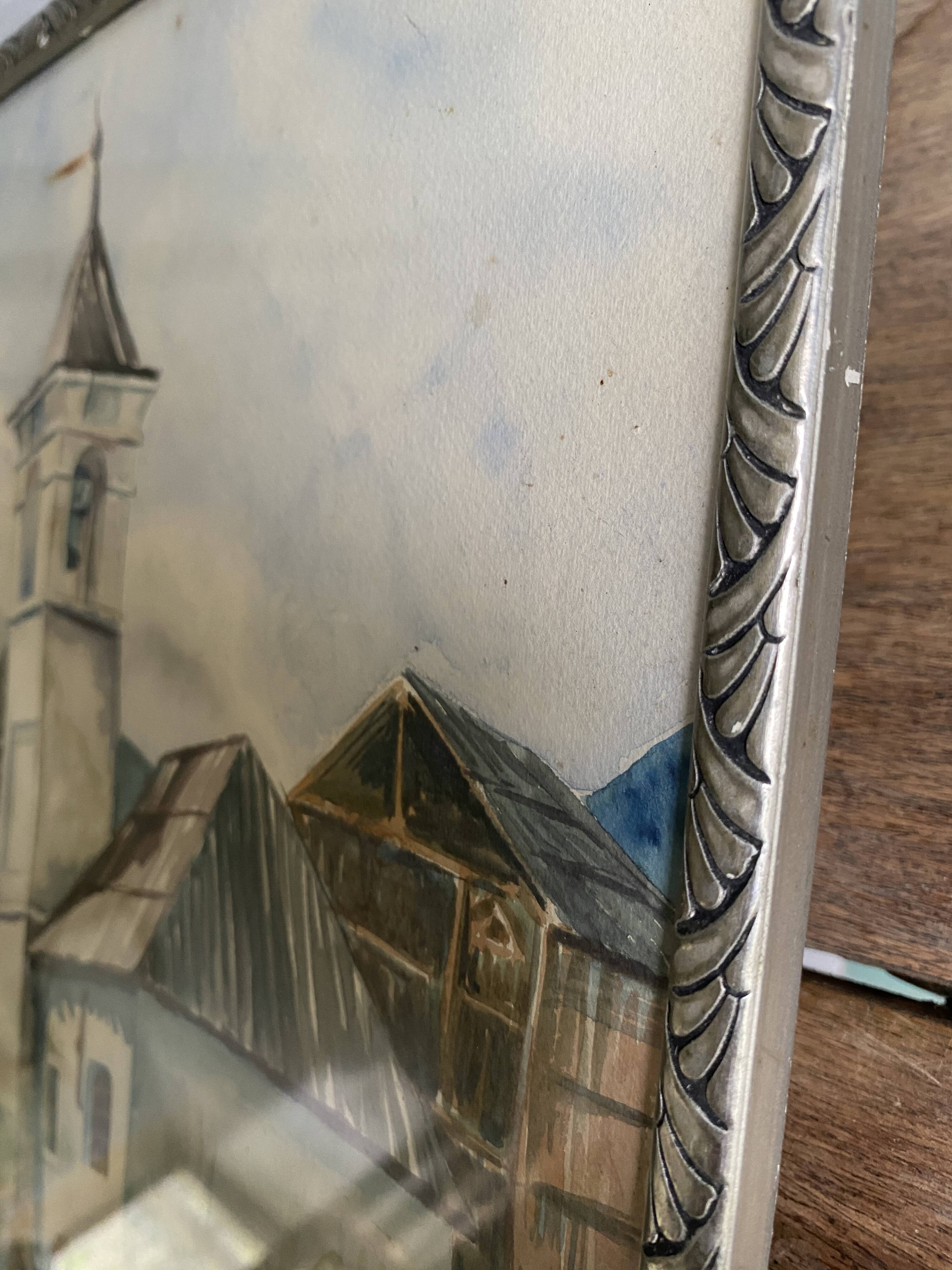 Aquarelle 1920, cadre bois sculpté argenté