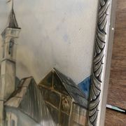 Aquarelle 1920, cadre bois sculpté argenté