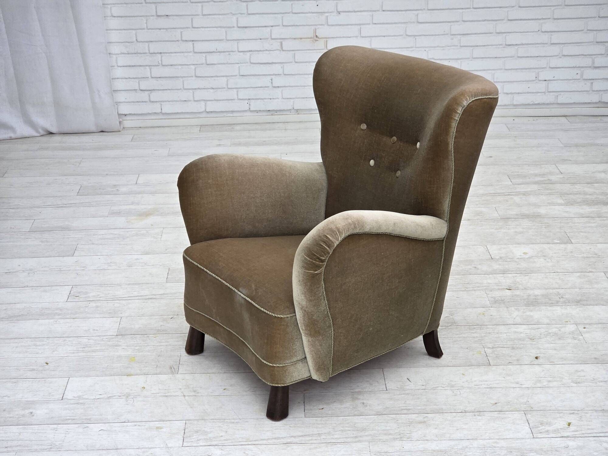 1960s, Danish armchair, green furniture velour, oak wood legs.