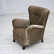 1960s, Danish armchair, green furniture velour, oak wood legs.