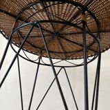 Vintage round table in woven rattan and black wrought iron – 1950s / 1960s