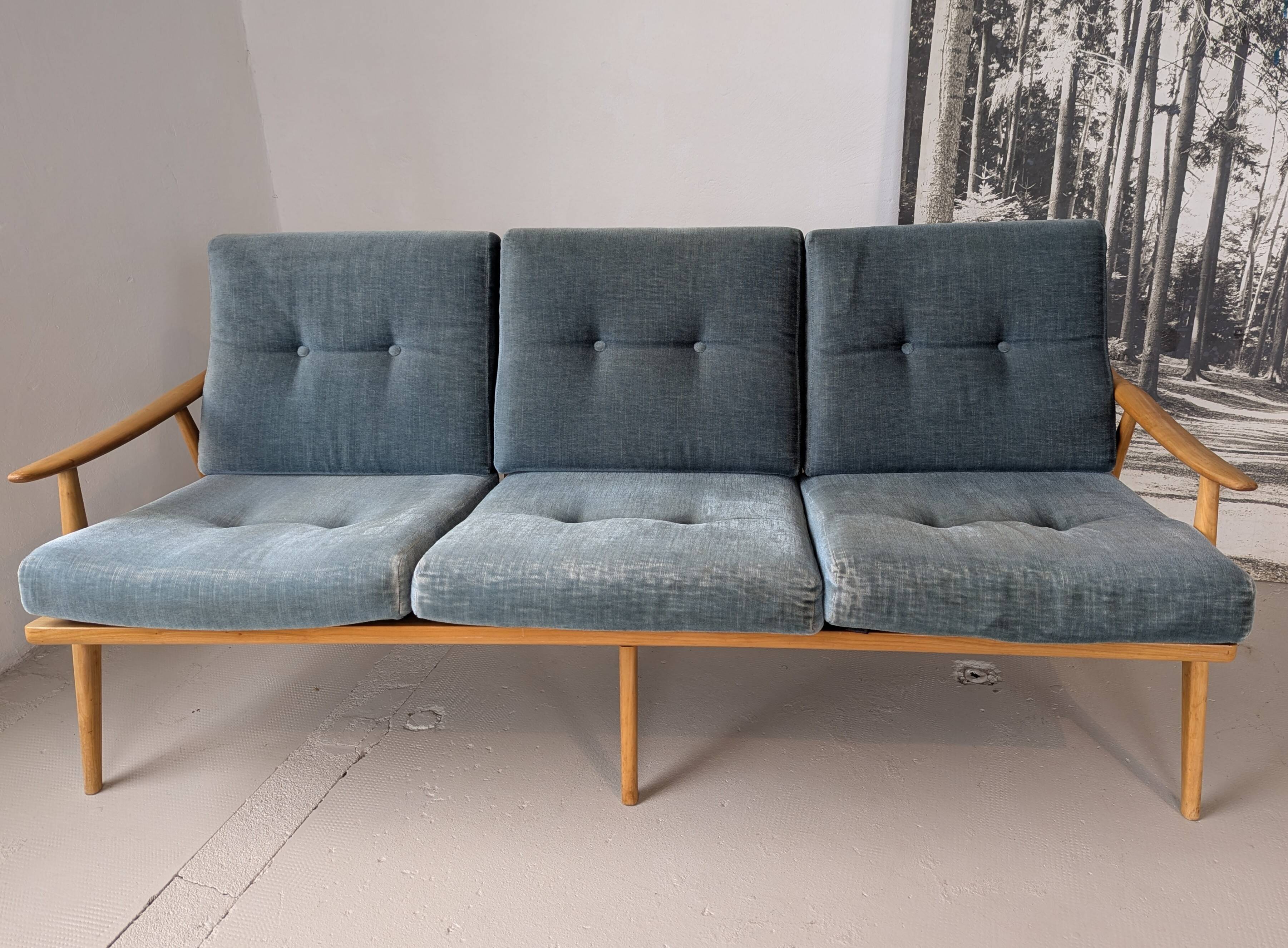 Banquette velours et bois clair, scandinave vers 1960/70
