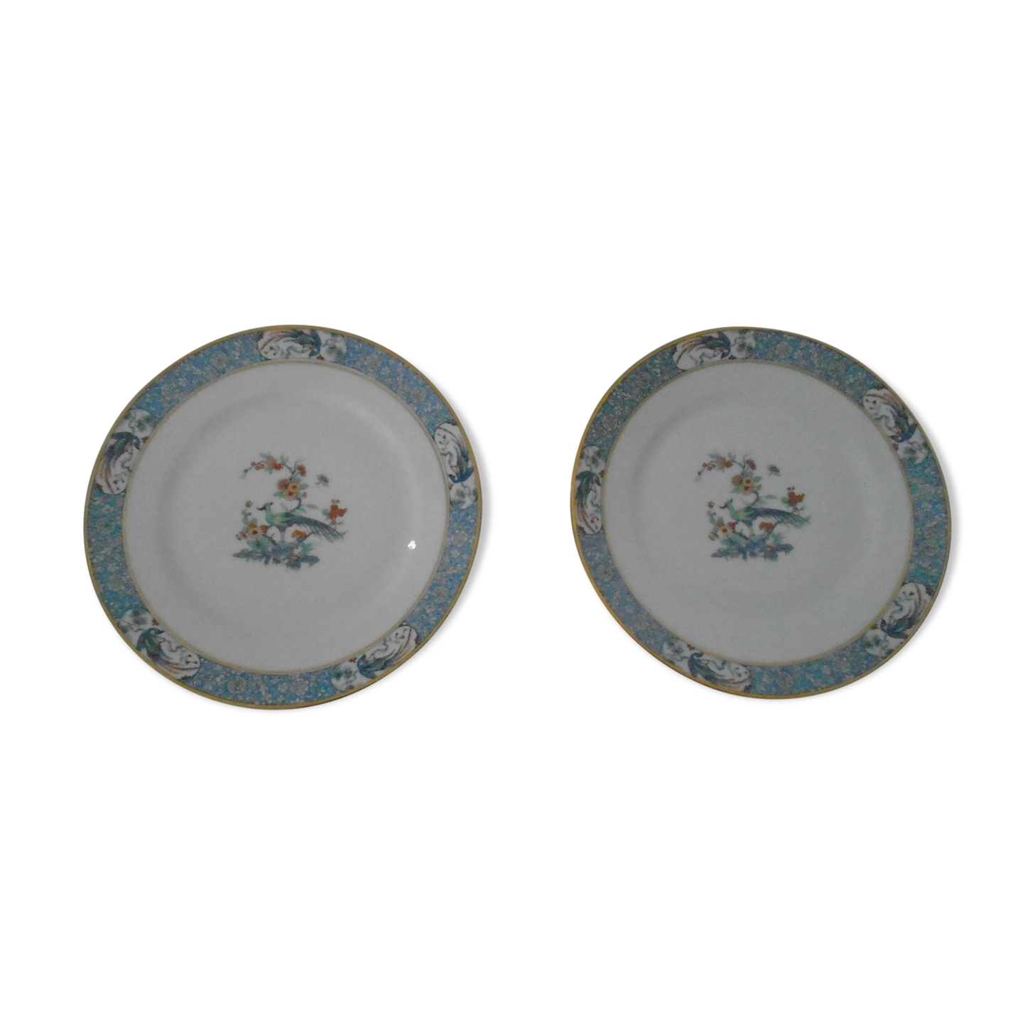 2 flat plates Haviland Limoges blue decoration and gold medallion bird