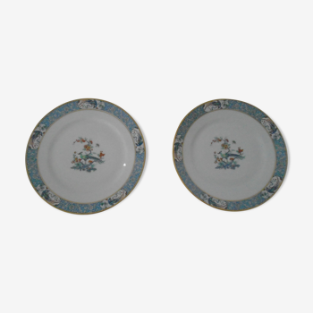 2 flat plates Haviland Limoges blue decoration and gold medallion bird