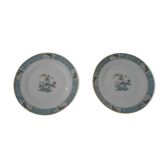 2 assiettes plates Haviland Limoges décor bleu et or médaillon oiseau