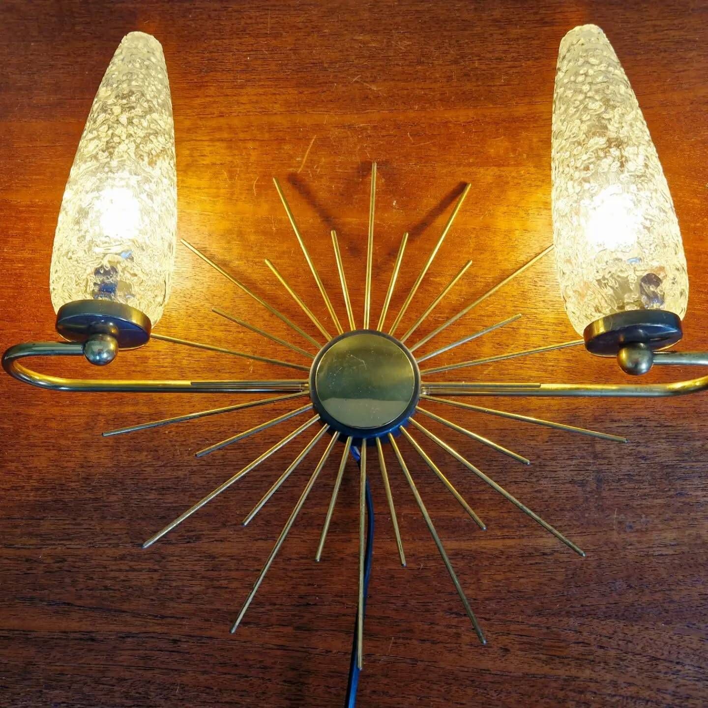 Wall lamp sun in brass and frosted glass (3 available), 1950
