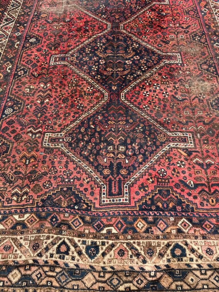 Old Iranian hand made Shiraz wool rug  220 x 312 cm