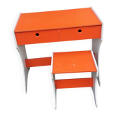 Bureau et tabouret d'écolier en bois peint orange - Années 1950 - 1970.