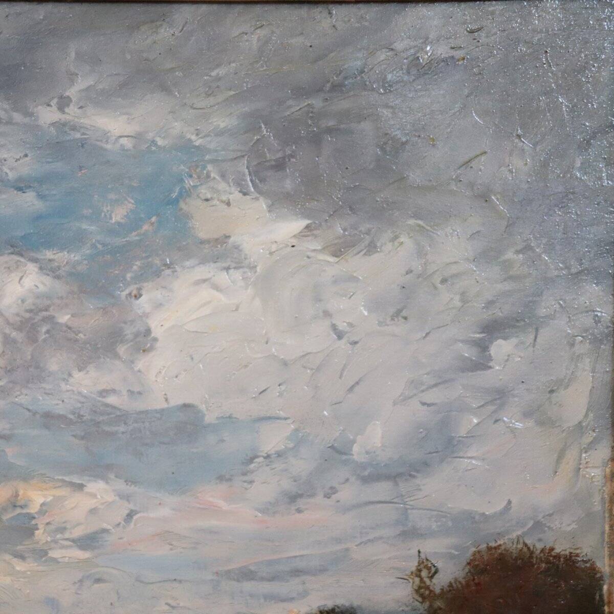 Peinture à l'huile sur panneau, paysage avec un troupeau de moutons, signé V. Bussolino, Italie, 19e siècle