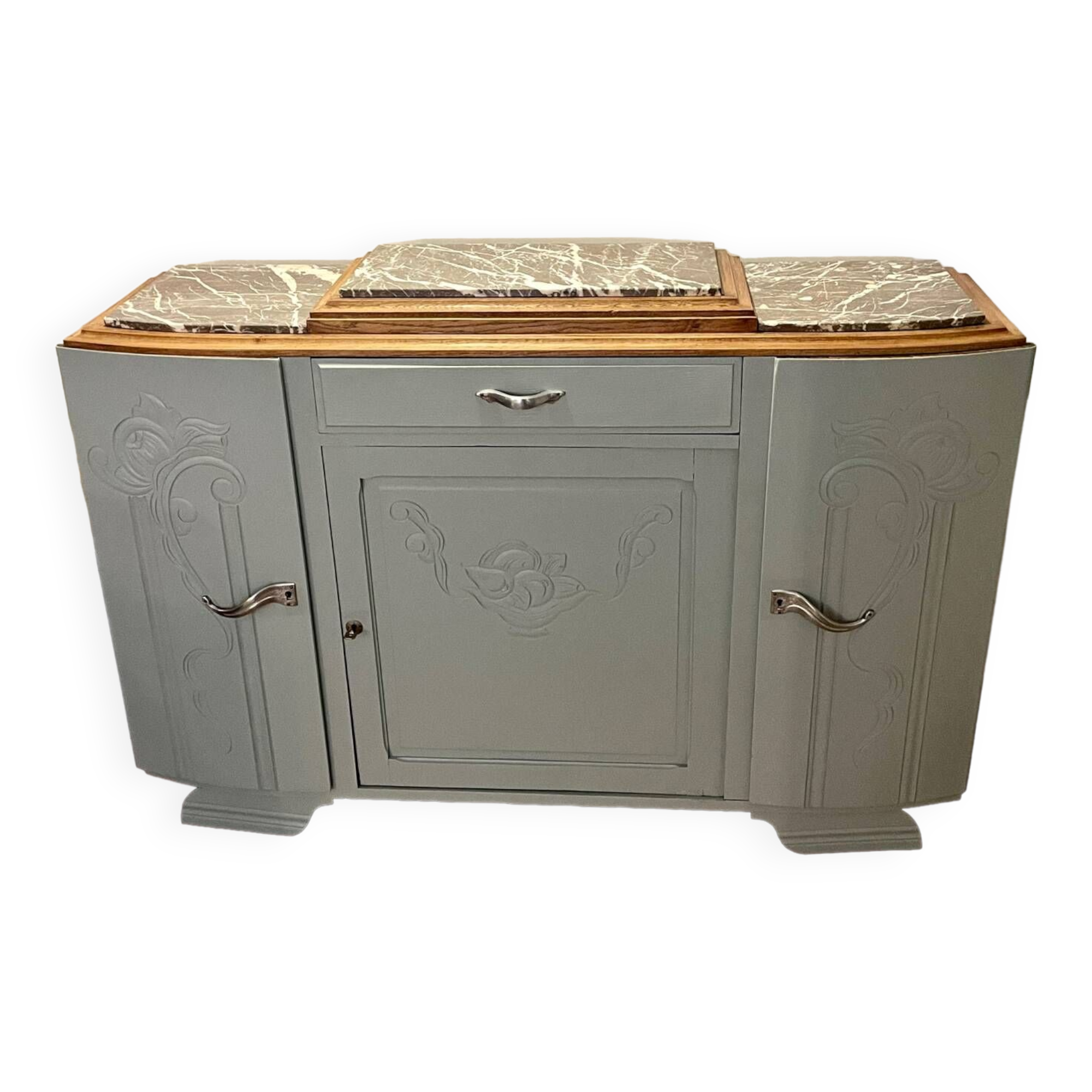 Revamped art deco sideboard in light sage green, marble top, chrome handles, vintage shabby chic