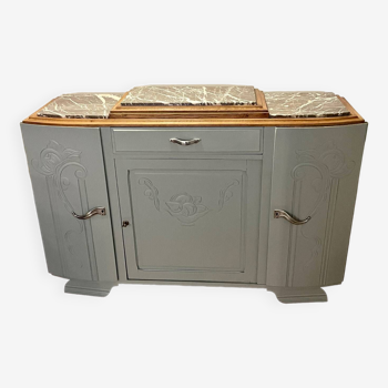 Revamped art deco sideboard in light sage green, marble top, chrome handles, vintage shabby chic