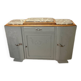 Revamped art deco sideboard in light sage green, marble top, chrome handles, vintage shabby chic