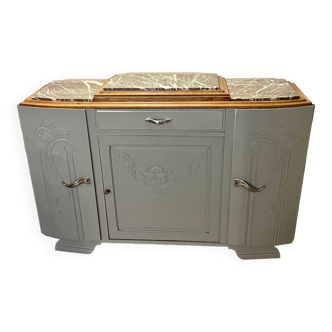 Revamped art deco sideboard in light sage green, marble top, chrome handles, vintage shabby chic