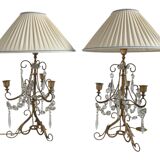 Pair of lamps, 3-light candlesticks, shabby chic, glass tassels, pendants, pleated fabric lampshade