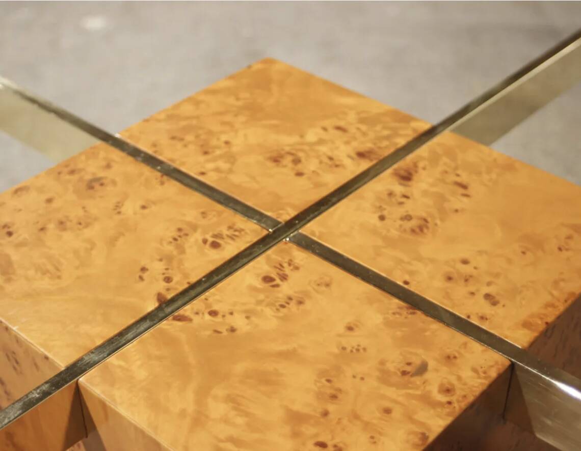 Coffee table in elm burl and tempered glass by Jean-Claude Mahey for Roche Bobois.