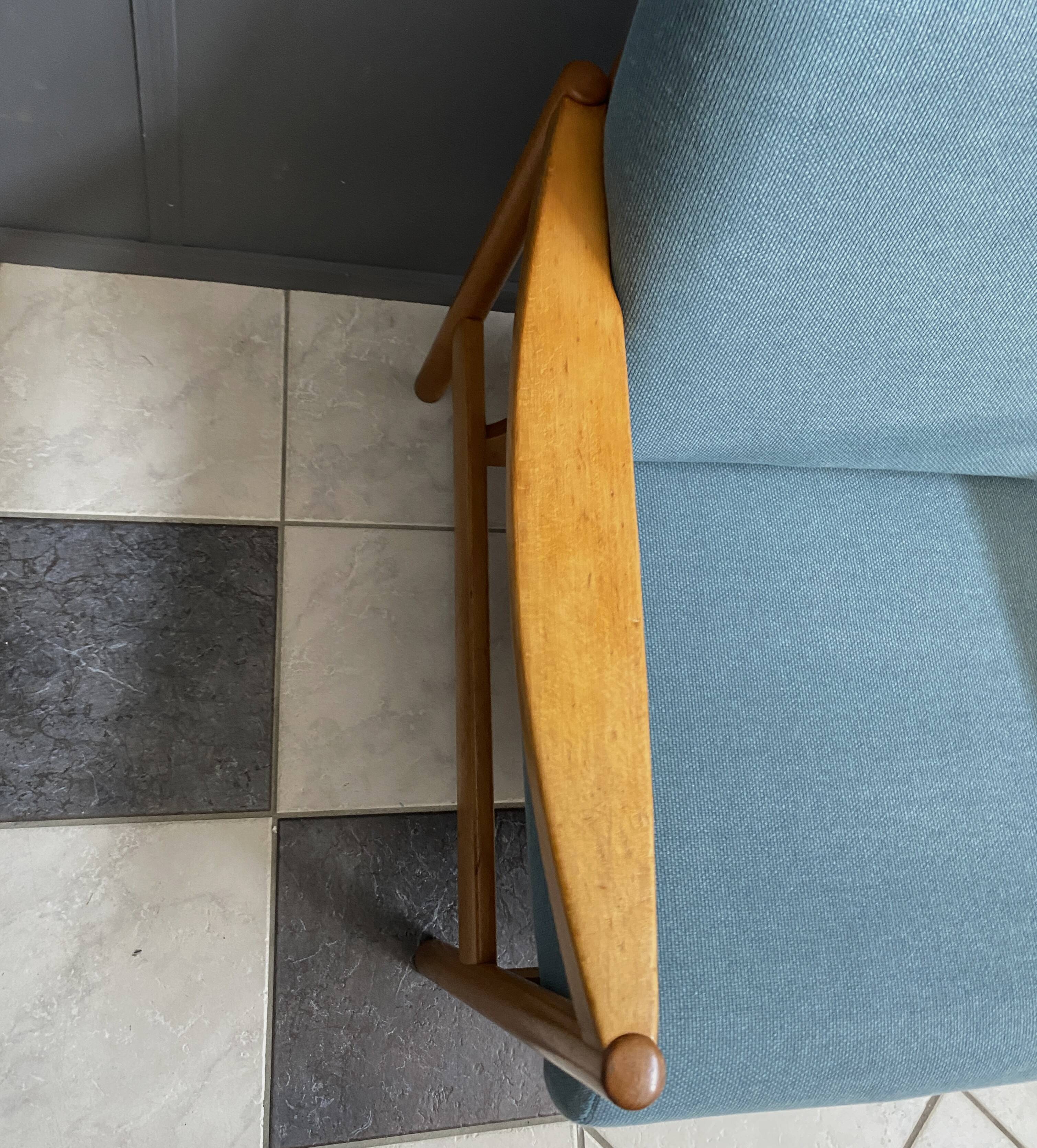 Wood arm chair reupholstered in blue fabric 1960s