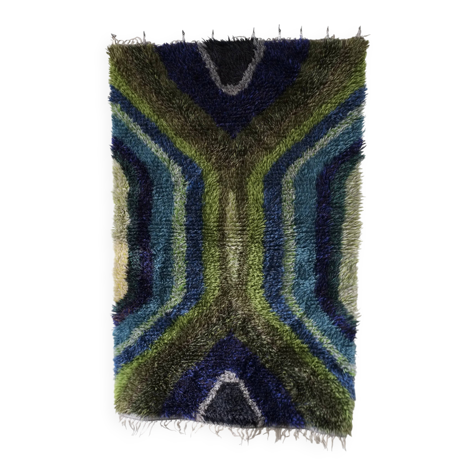 Tapis rya vintage abstrait en laine vert-bleu | Suède | Années 1960