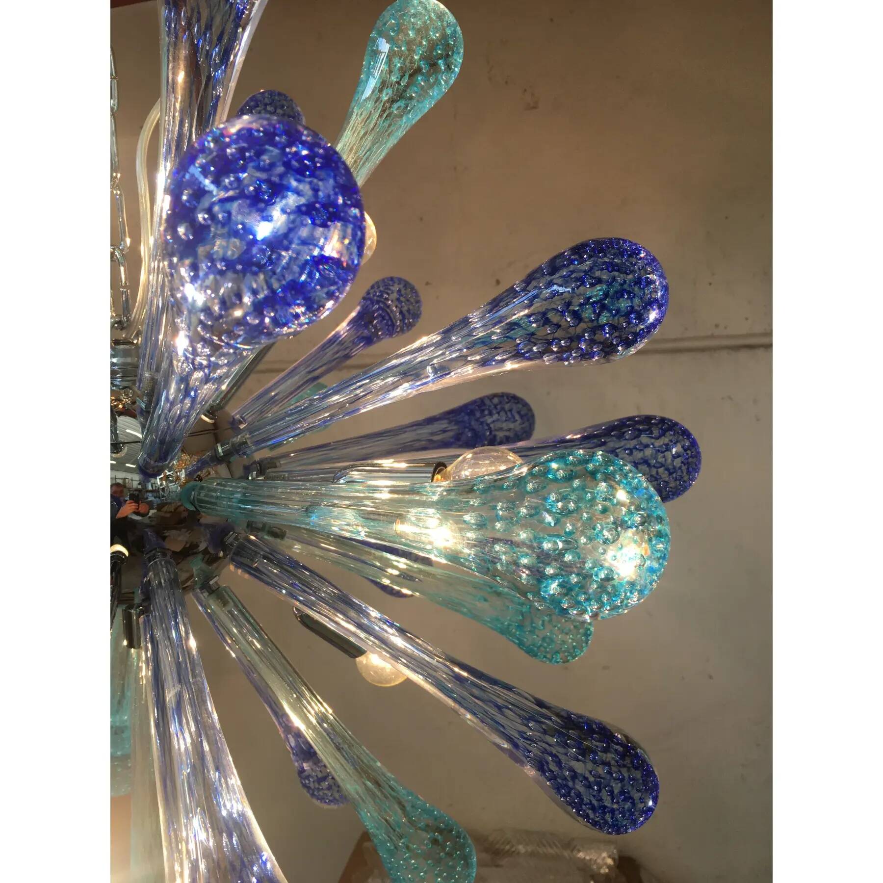 Murano Glass Sputnik Chandelier, Blue Air Drops, with Chromed Metal Frame