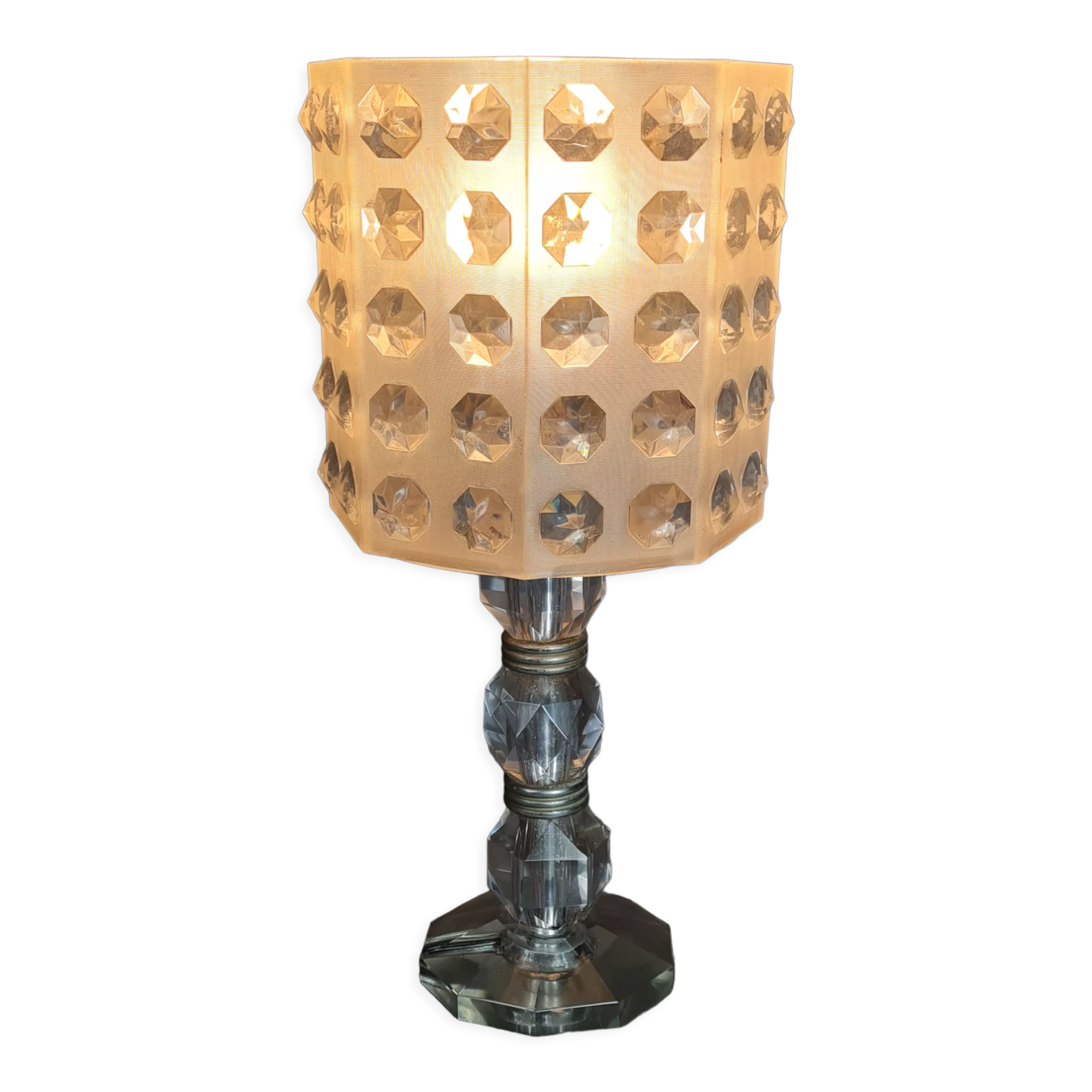 Table lamp foot glass & diamond plastic lampshade Vintage 50-60