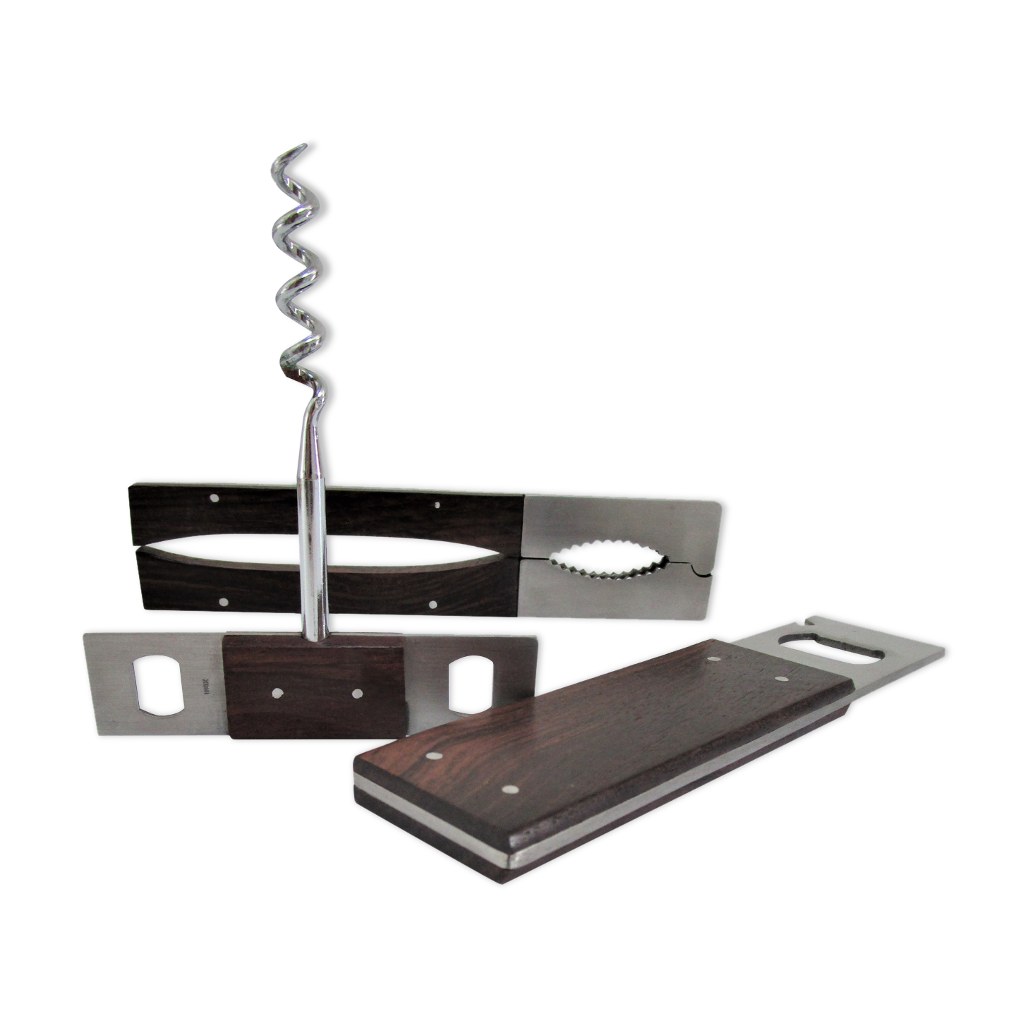 set rosewood stainless steel nutcracker corkscrew bottle opener design 70s Letang Remy