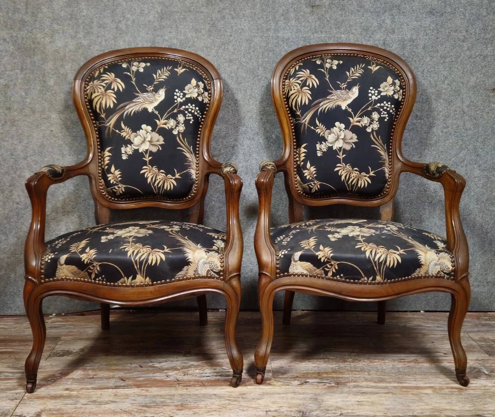 Pair of Napoleon III armchairs in mahogany with silk-style upholstery.