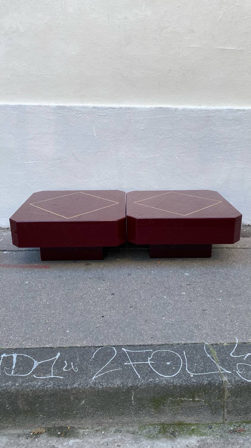 Pair of vintage lacquered and brass coffee tables, 1970