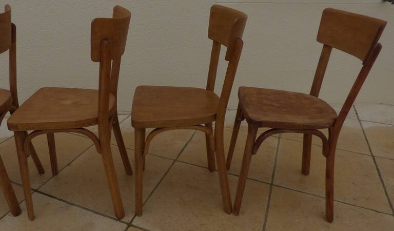 6 vintage Baumann wooden bistro chairs in their patina