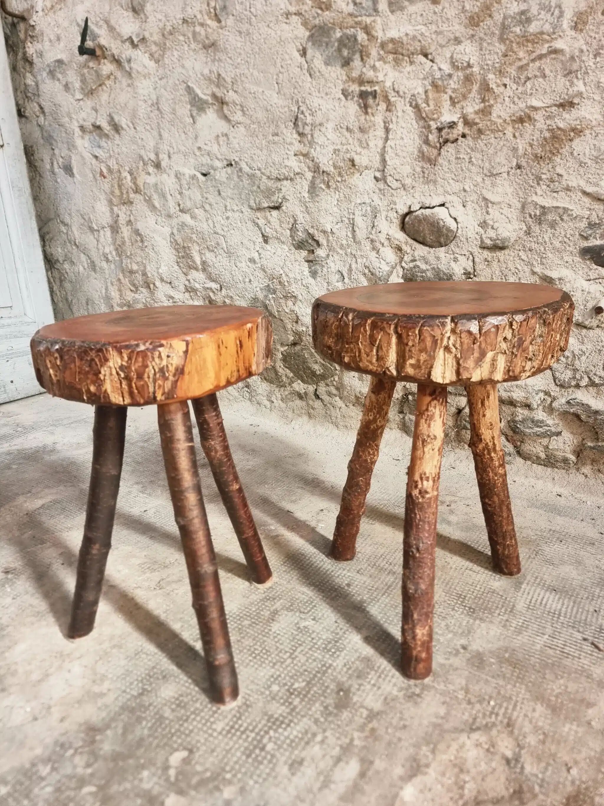 Vintage wooden tripod stools, set of 2, France 1960s