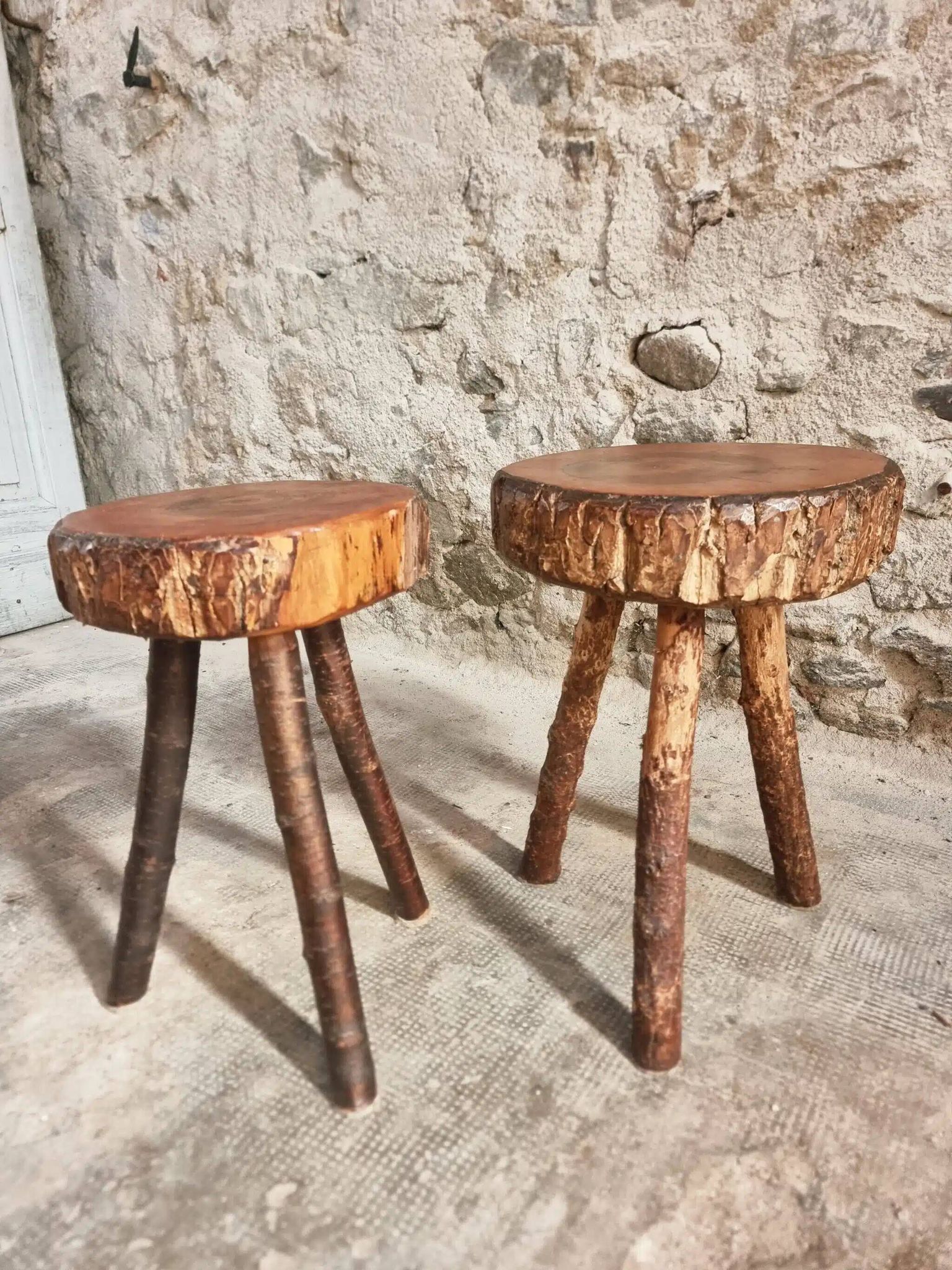 Vintage wooden tripod stools, set of 2, France 1960s