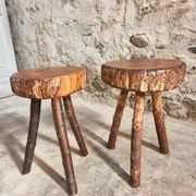 Vintage wooden tripod stools, set of 2, France 1960s