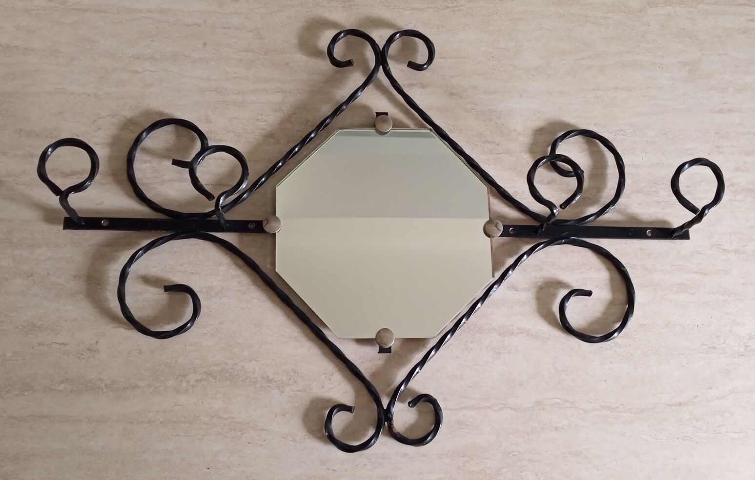Wall coat rack in wrought iron and mirror 1950
