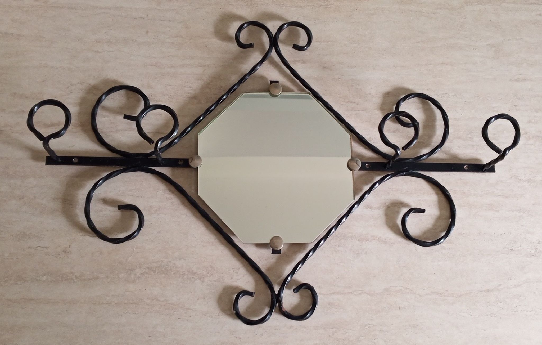Wall coat rack in wrought iron and mirror 1950