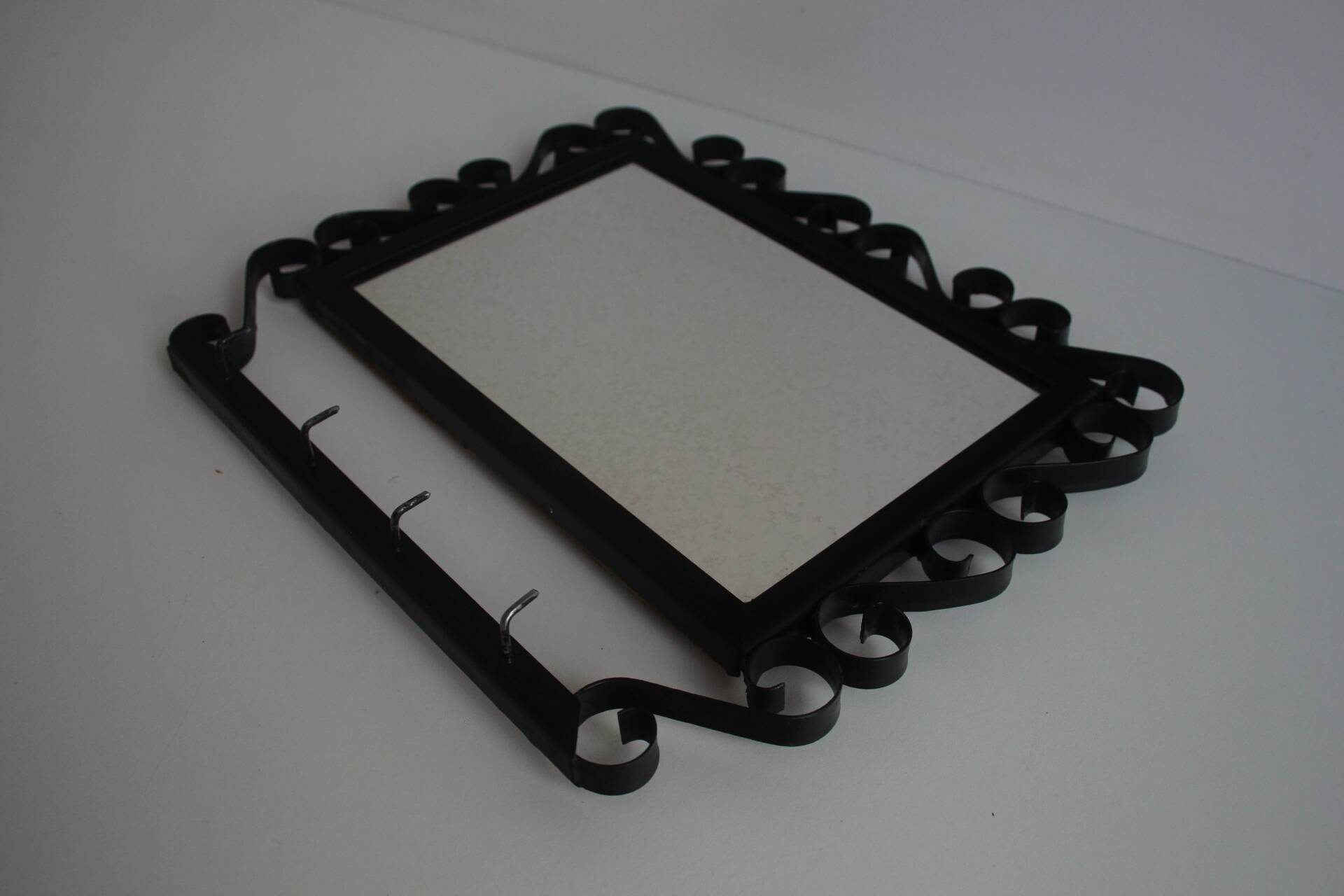 Vintage Metal Wall Mirror with Hooks, 1960's.