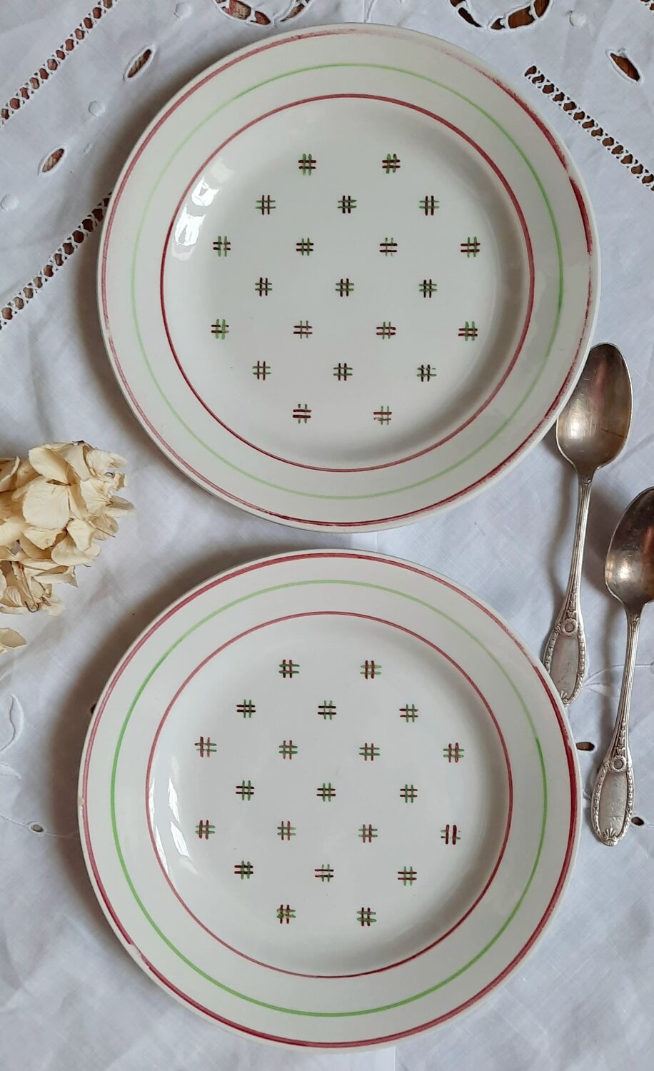 Old mismatched earthenware dessert plates