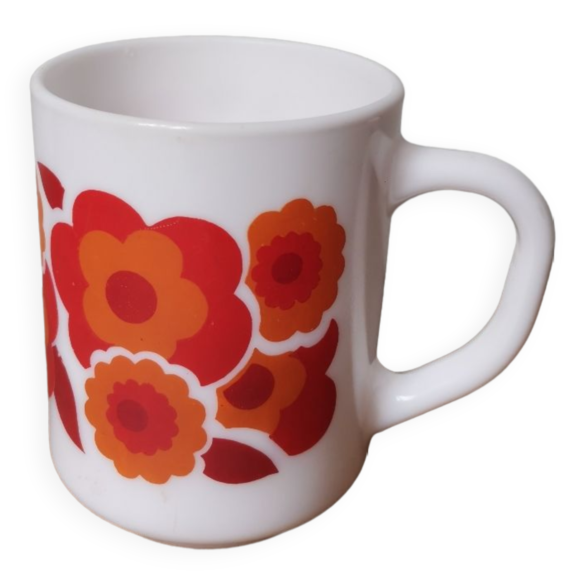 6 Tasses Et Soucoupes Arcopal France Motif Fleurs Orange Rouge - Vintage, Très Bon état