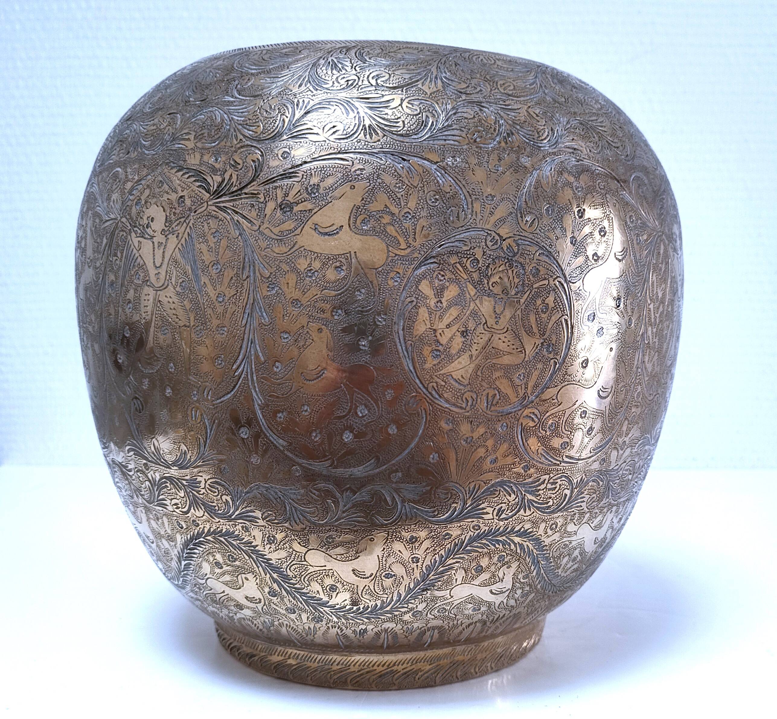Solid brass pot cover engraved with animal, plant and character decoration