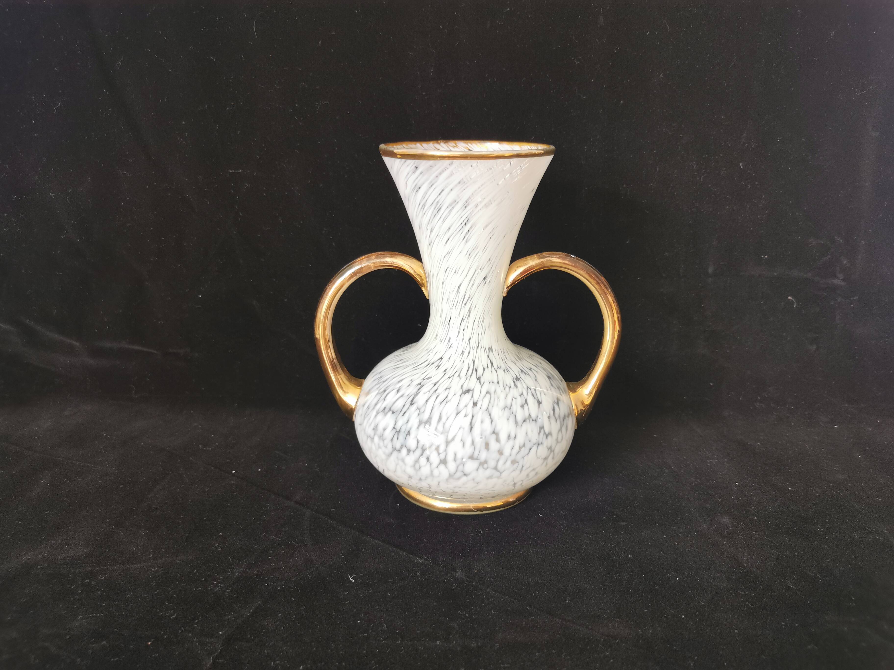 white and gold Clichy glass vase