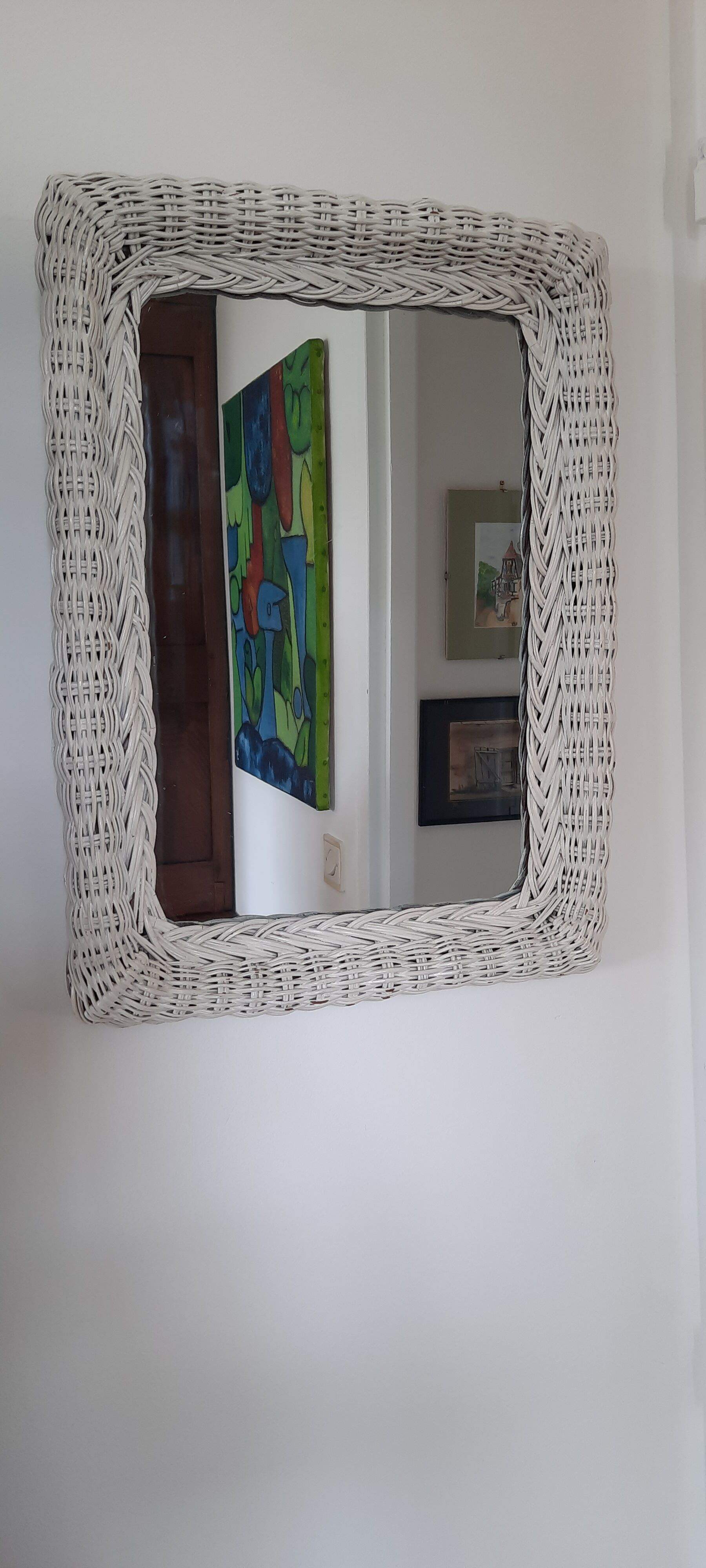Rectangular mirror in vintage woven wicker rattan