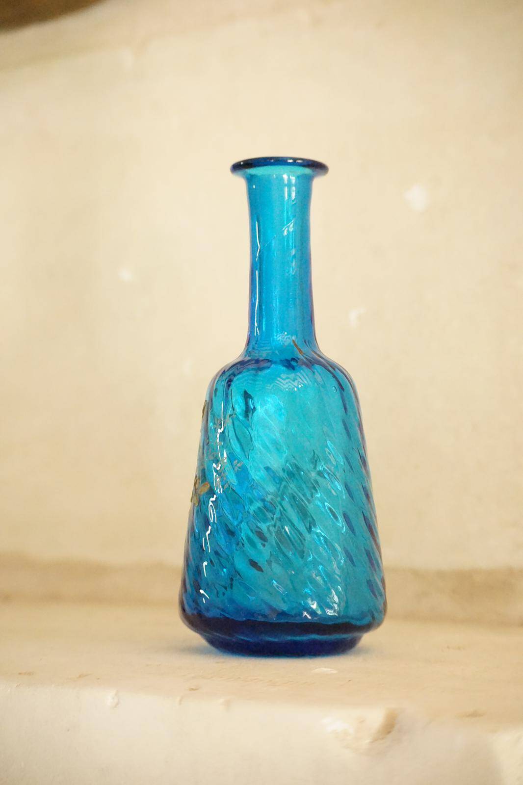 Legras blue enamelled glass carafe with wisteria decoration