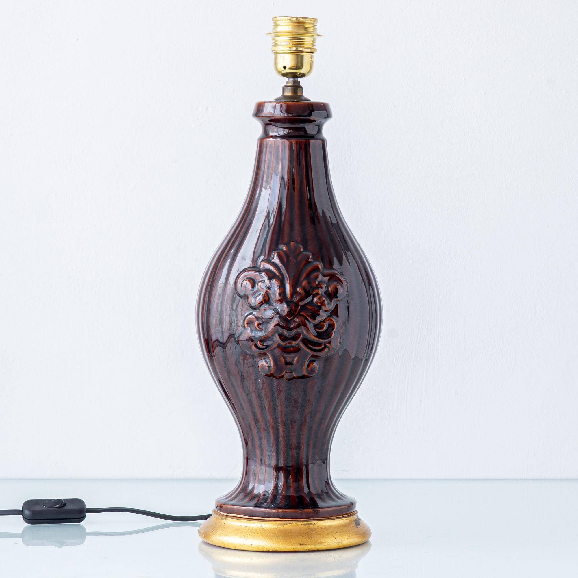 Chocolate glazed ceramic table lamp from Manises, Spain, 1960s with a new silk shade.