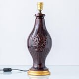 Chocolate glazed ceramic table lamp from Manises, Spain, 1960s with a new silk shade.