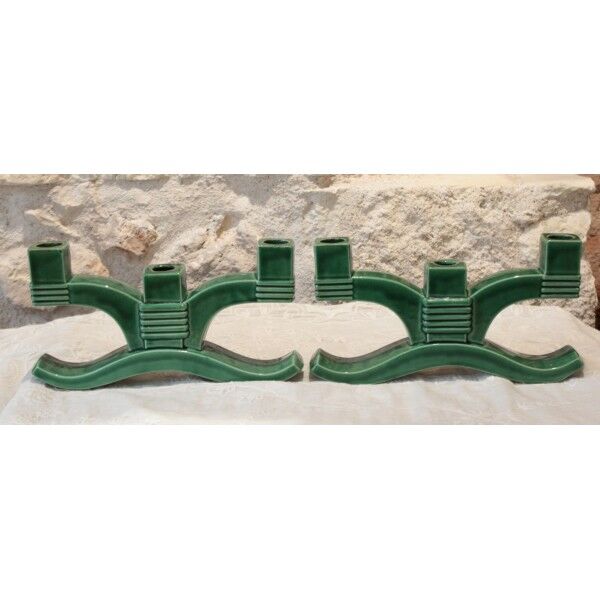 Pair of three-light candlesticks in green ceramic from around 1950-1960.