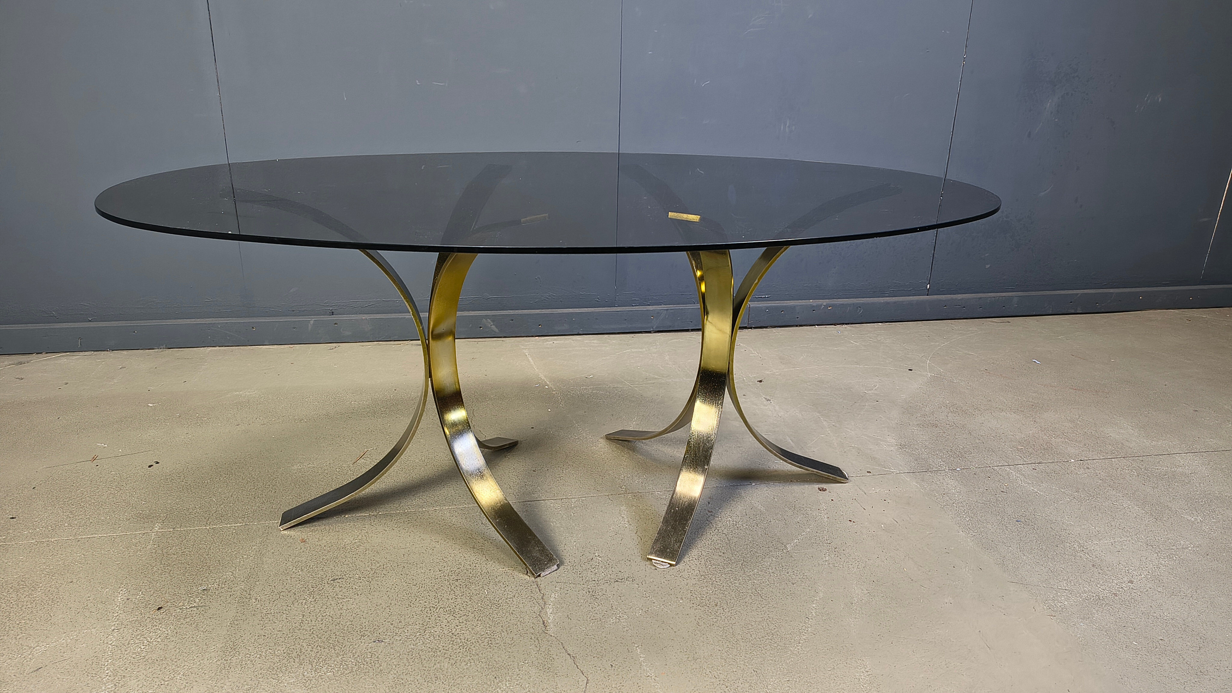 Vintage brass oval glass dining table, 1970s