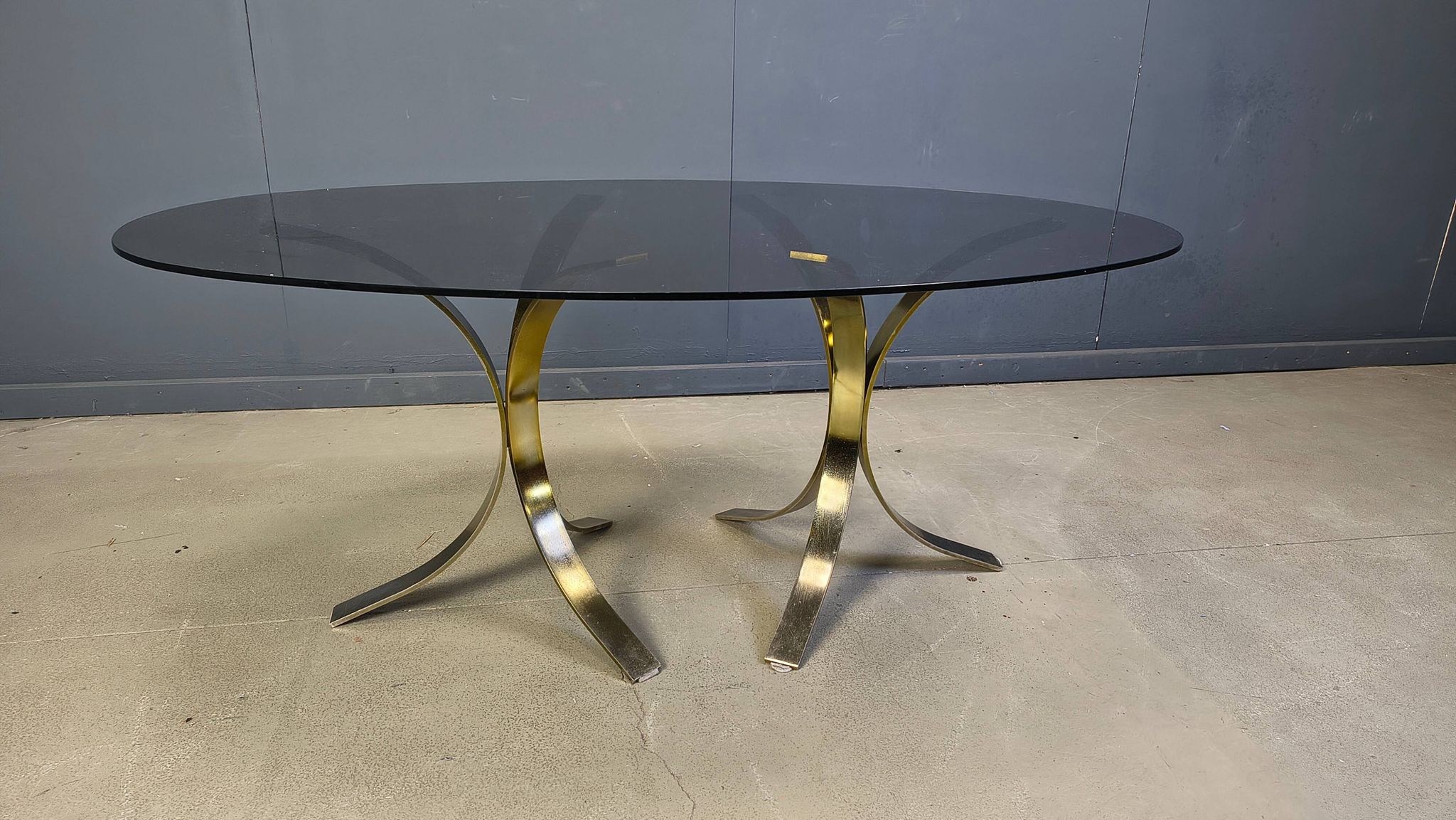 Vintage brass oval glass dining table, 1970s