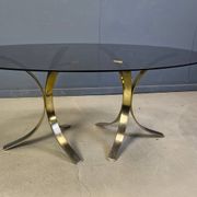 Vintage brass oval glass dining table, 1970s