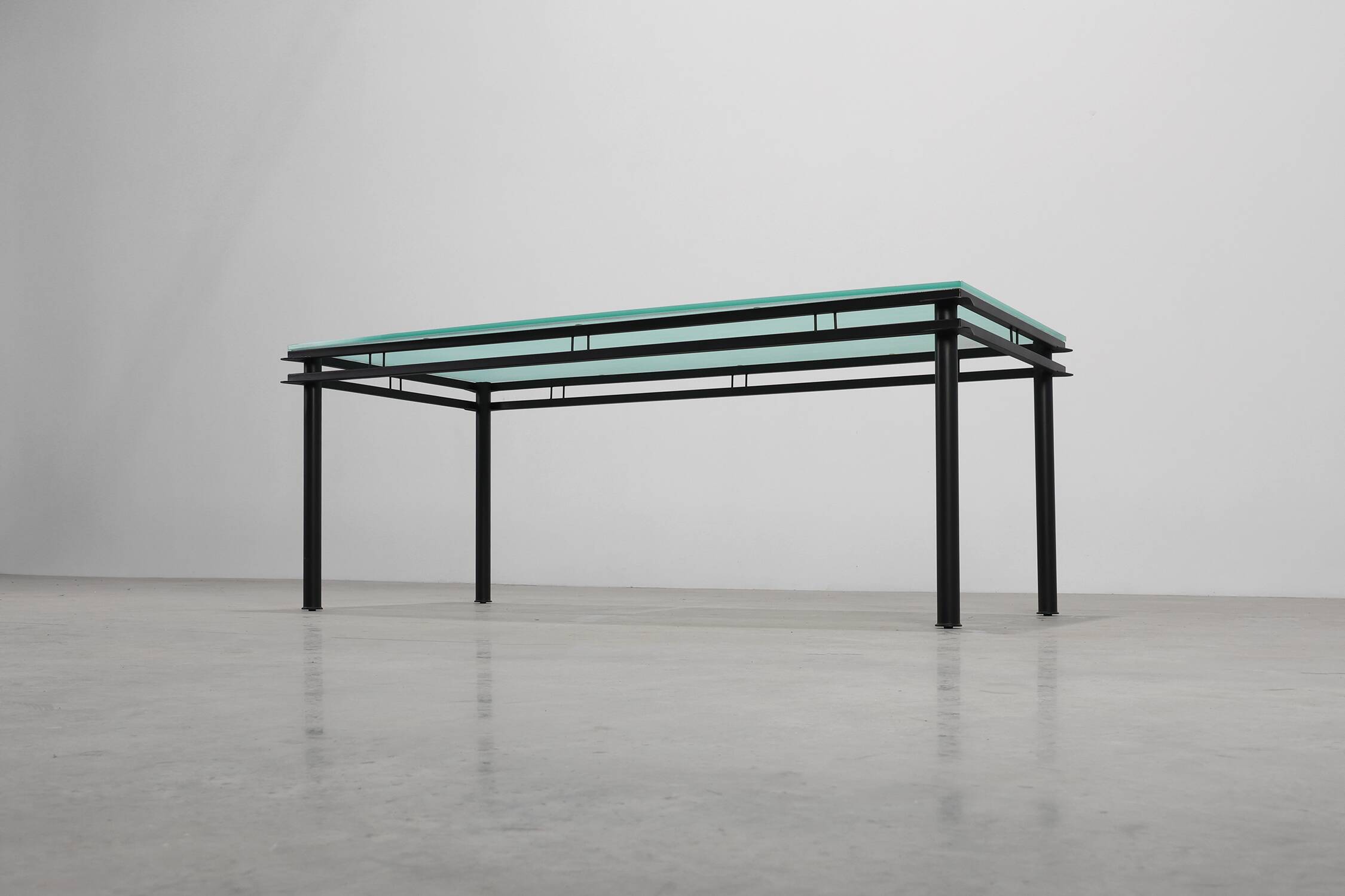 Modernist Dining Table with Black Metal Base and Glass Top, Belgium 1980s