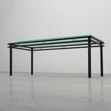 Modernist Dining Table with Black Metal Base and Glass Top, Belgium 1980s
