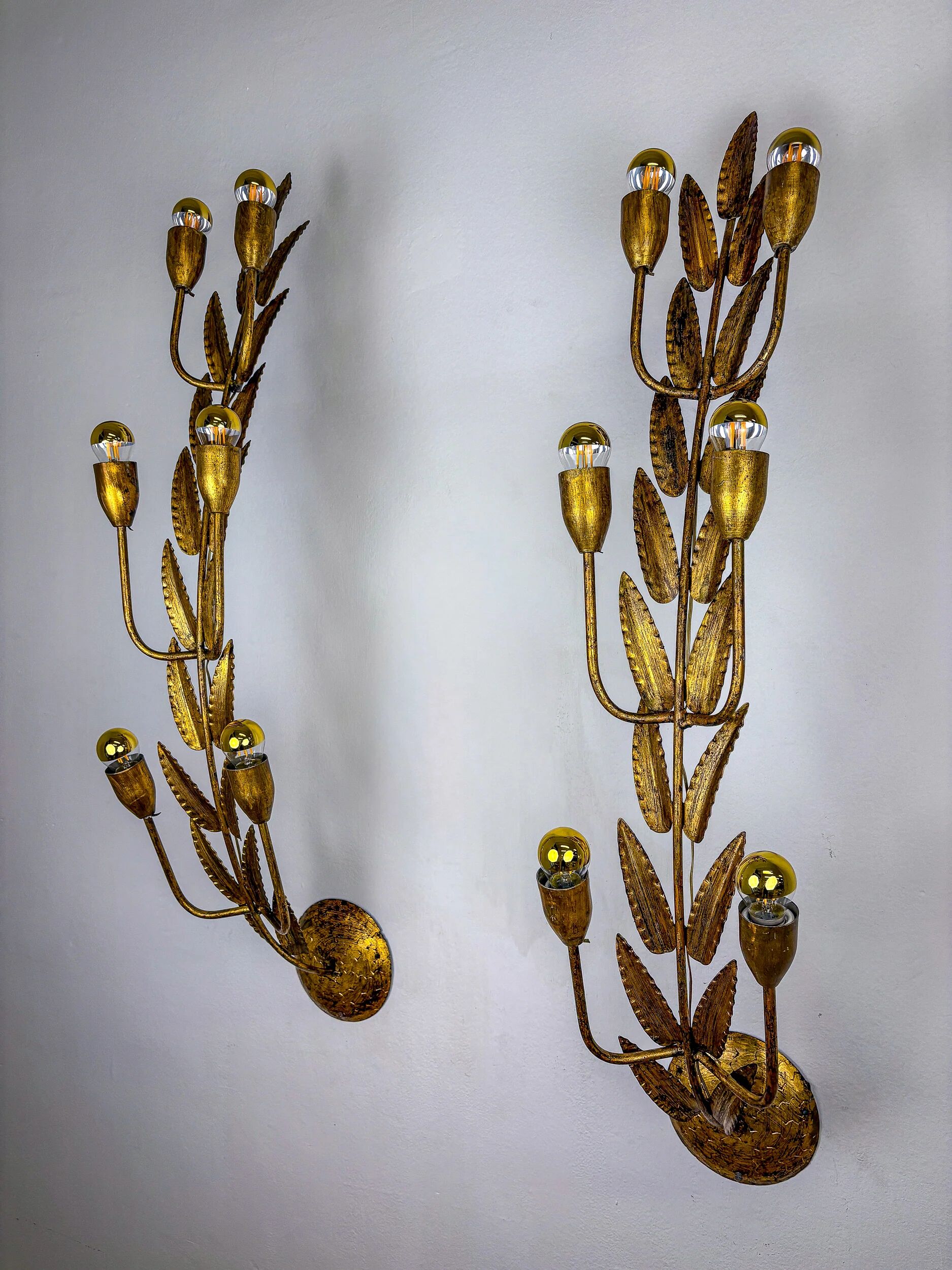 Pair of gilded floral wall lights by Ferro Arte, XL size, Spain, 1960s