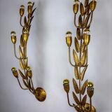 Pair of gilded floral wall lights by Ferro Arte, XL size, Spain, 1960s
